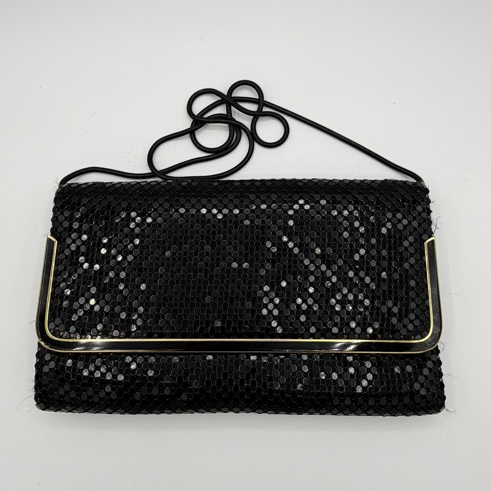 Vintage Black Metal Mesh Clutch Crossbody Bag 10x6 Gold Trim Evening Purse